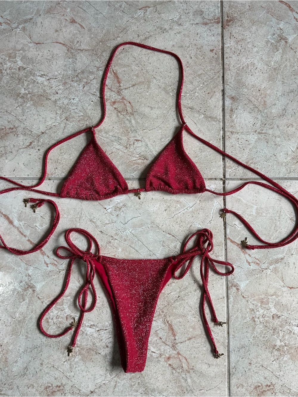 Hello Molly Red Shimmer Tie Side Bikini Set Small